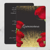 キンセイェーラ(Quinceanera)招待状、赤いバラ、金のラメ 招待状 (正面/裏面)
