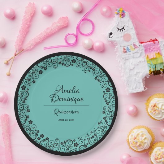 キンセエレガントニーラブラックレースオンターコイズ ペーパープレート (パーティー)