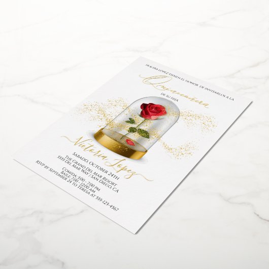 キンセエレガントーニェラレッドローズスペインの入り 箔招待状 (回転した状態)