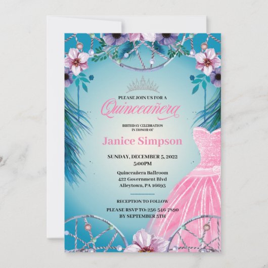 キンセスペインのニーラ羽毛ドリームキャッチャーのピンクInv 招待状 (正面)