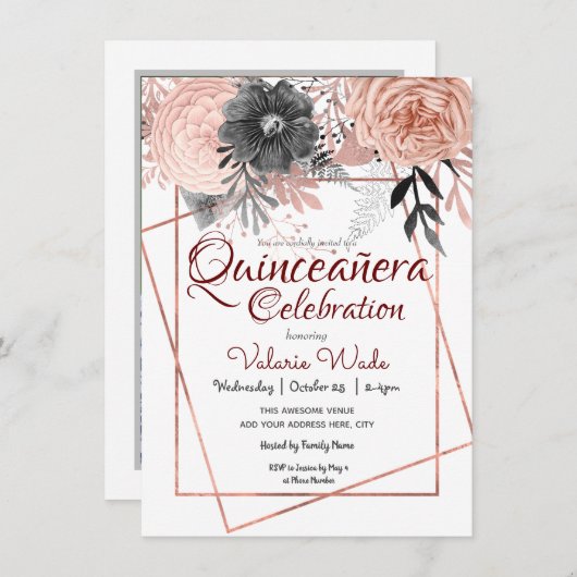 キンセニェラお祝いピンクロセスフローラ 招待状 (正面/裏面)