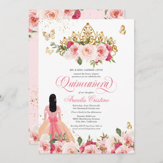 キンセニェラバタフライ赤面ピンク水色フローラ 招待状 (正面/裏面)
