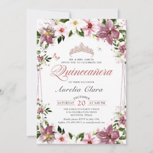 キンセニェラフローラ蝶誕生日写真 招待状 (正面)