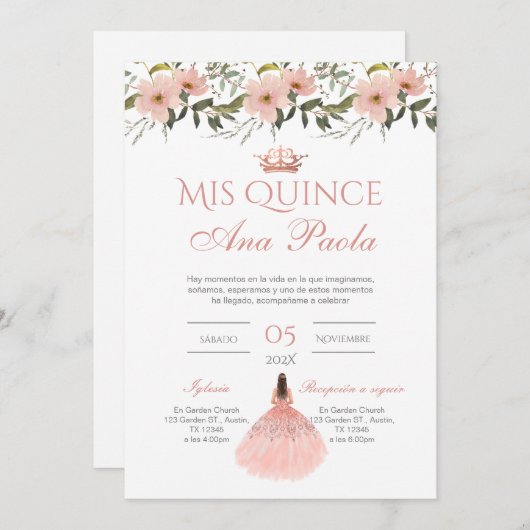 キンセニェラ招待状インスペインのピンクフローラ 招待状 (正面/裏面)