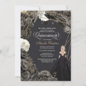 キンセニェラ招待状 – ブラック&金ゴールドバラ、ガウン 招待状 (正面)