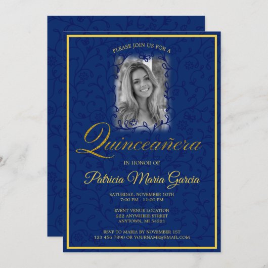 キンセニェラ王室のブルーフローラつる植物（写真付き） 招待状 (正面/裏面)