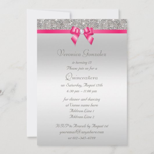 キンセニエレガントラシルバーシーキンズホットピンクボウ 招待状 (裏面)