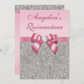 キンセニエレガントラシルバーフェイクセキンズピンクボウ 招待状 (正面/裏面)