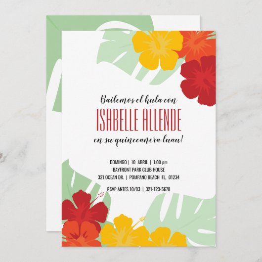 キンセニスペインのラ熱帯ルアウ（ハワイ式宴会）レッドフローラ 招待状 (正面/裏面)