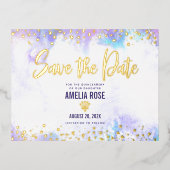 キンセ救ニェラ日パープル水実在色金ゴールド 箔招待状ポストカード (正面)