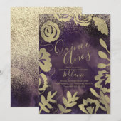 キンセ 偽物 グリッター パープル フラワー ゴールド 誕生日 招待状 (正面/裏面)