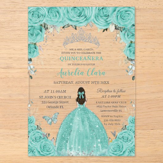 キンセañeraターコイズブルー花柄シルバープリンセス アクリル招待状 (正面)