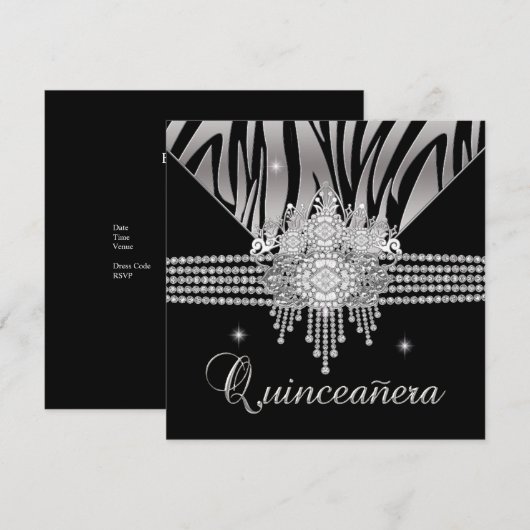 キンセañera 誕生日パーティー ダイヤモンド ブラックゼブラ 招待状 (正面/裏面)