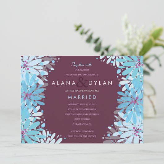 キンダブルーフラワーズユダヤ結婚式招待状 招待状 (スタンド正面)