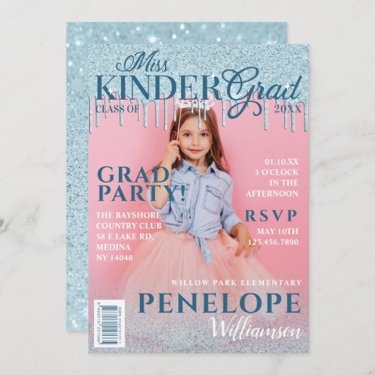 キンダー恋しく思ラードブルーグリッタードリップマガジンカバー 招待状 (正面/裏面)