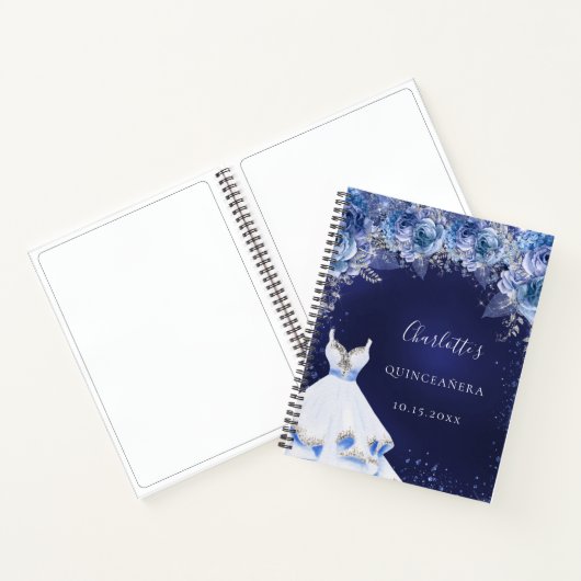 キンチアニエラのゲストブック 青いグリッターのドレスと花 ノートブック (内部)
