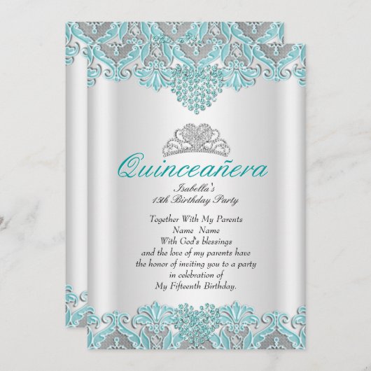 キンチアネラパーティー ティールブルーのハートのレースのティアラ 2 招待状 (正面/裏面)