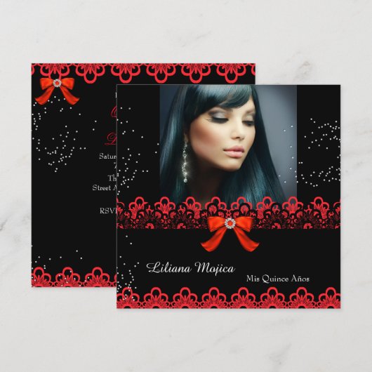 キンチアネラ パーティー 赤いレース ジュエル ボウ 2 招待状 (正面/裏面)