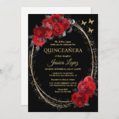 キンチアネラ ブラック レッド ローズ 花 ゴールド バタフライ 招待状 (正面/裏面)