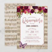 キンチアネラ ヴィンテージ バーガンディ フローラル ミュージック 誕生日 招待状 (正面/裏面)