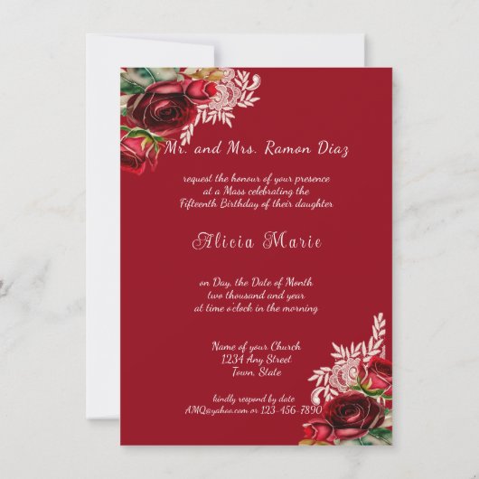 キンチアネラ 美しい赤いバラ レースとゴールド 招待状 (裏面)