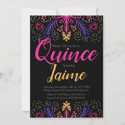 キンチェアニェラ キンチェ 楽しい ドット フラワー ピンク ブラック 招待状 (正面)