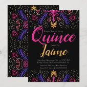 キンチェアニェラ キンチェ 楽しい ドット フラワー ピンク ブラック 招待状 (正面/裏面)