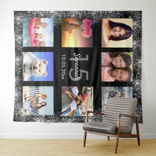キンチェアニェラ ブラック シルバー グリッター フォト コラージュ タペストリー (インサイチュ(横))