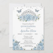 キンチェアニェラ ベイビーブルー 花飾り シルバー クラウン スペイン語 招待状 (正面)