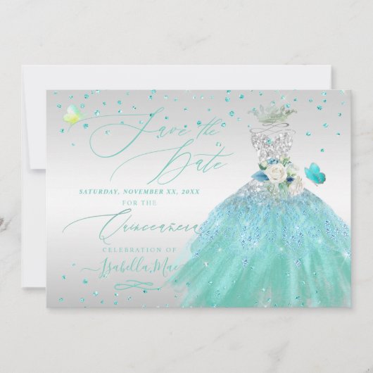 キンチェアニェーラ Save the Date ターコイズ シルバー 招待状 (正面)