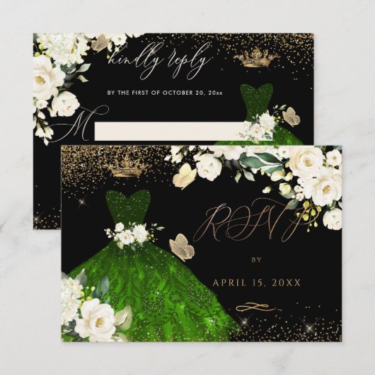 キンチェアネラの返信 エメラルドグリーンのスパンコールドレス 招待状 (正面/裏面)