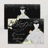 キンチェアネラ セーブ・ザ・デート 偽のグリッター 白ドレス 招待状 (正面/裏面)