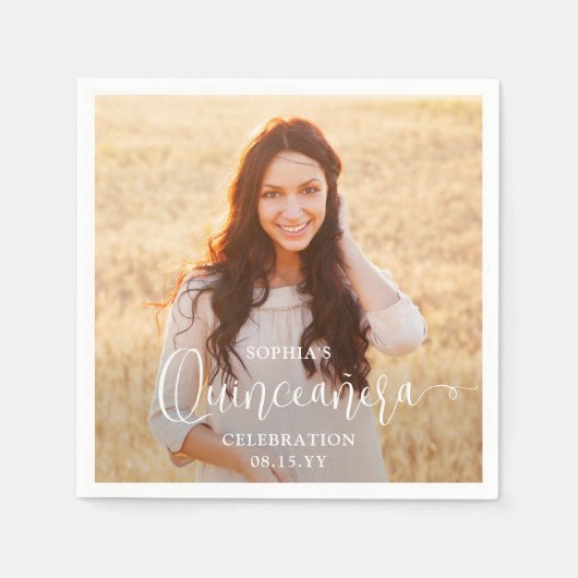 キンチェニェラ写真とモダントレンディーの白いスクリプト スタンダードカクテルナプキン (正面)