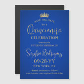 キンチェニェラ日付を保存エレガント青王室の金ゴールド マグネット招待状 (正面/裏面)