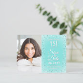 キンチェニェラ日付を保存モダン2フォトティール（緑がかった色）ブルー インビテーションポストカード (スタンド正面)