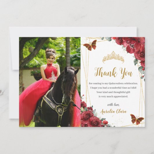 キンチェニェラ誕生日赤フローラ蝶の写真 サンキューカード (正面)