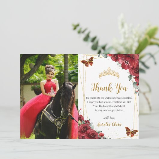 キンチェニェラ誕生日赤フローラ蝶の写真 サンキューカード (スタンド正面)