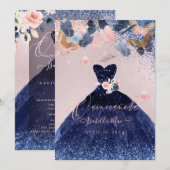 キンチャネラ バタフライ ブラッシュ ネイビー グリッター ドレス 招待状 (正面/裏面)