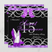 キンチャネラ パープル スウィート 15 パーティー グリッター ブラック 招待状 (正面/裏面)