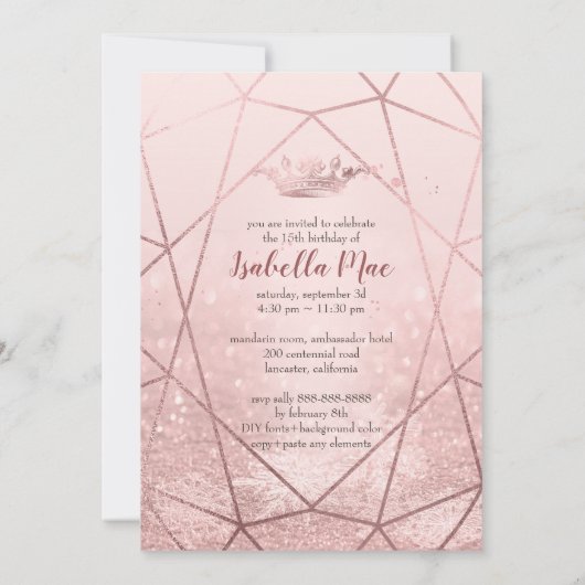 キンチャネラ/偽ローズゴールドの雪の結晶+クラウン 招待状 (裏面)