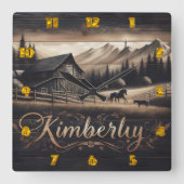 キンバリーの納屋で囲まれた馬と山 スクエア壁時計 (正面)