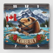 キンバリー近郊に国旗を持つカナダビーバー スクエア壁時計 (正面)