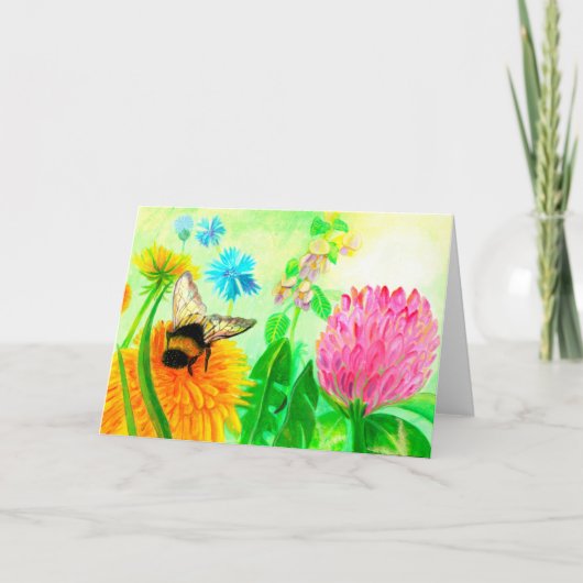 キンポウゲの花のふわふわハチ カード (正面)