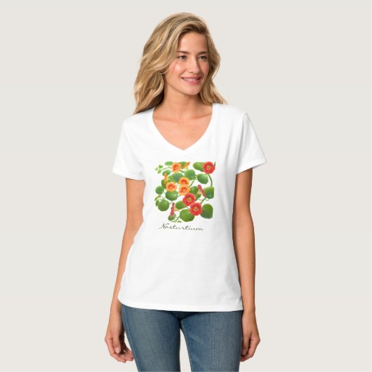 キンレンカの花のジャージーのニットのV首のワイシャツ Tシャツ (正面フル)