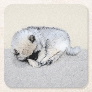 キーションド眠る子犬絵画のオリジナルドッグアート スクエアペーパーコースター