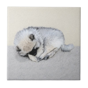 キーションド眠る子犬絵画のオリジナルドッグアート タイル