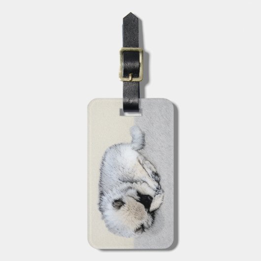 キーションド眠る子犬絵画のオリジナルドッグアート ラゲッジタグ (正面縦)
