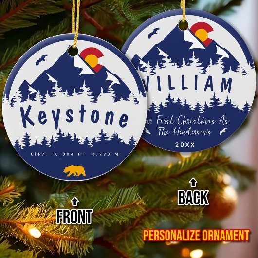 キーストーンコロラド州旗マウンテンスキーハイキング セラミックオーナメント