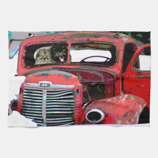 キースホンドクリスマス古絵画いトラックのドッグアート キッチンタオル (横)