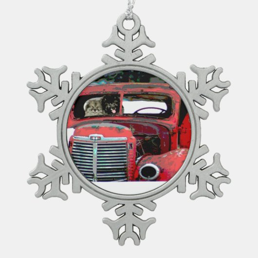 キースホンドクリスマス古絵画いトラックのドッグアート スノーフレークピューターオーナメント (正面)